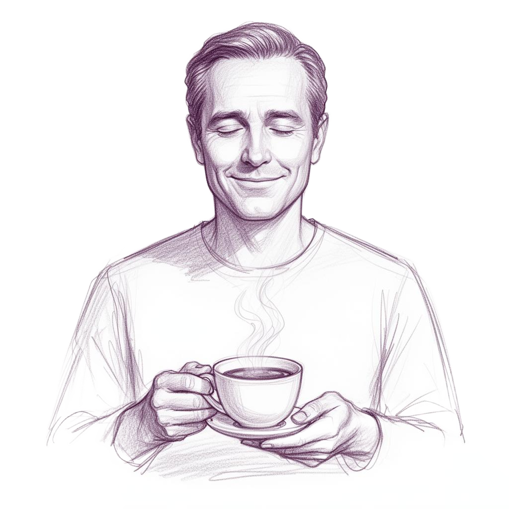 A pencil sketch of a calm gentleman, eyes closed with a soft smile, holding a steaming cup of tea, life, quietly handled.