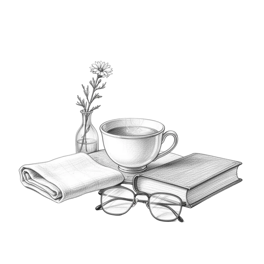 A pencil illustration of a serene morning, a steaming teacup, a single wildflower in a vase, a folded linen napkin, an open book, reading glasses.