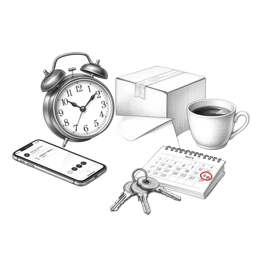 A pencil illustration of a cluttered morning, alarm clock at 6:14, phone with notifications, envelopes, keys, calendar, coffee, a delivery box.